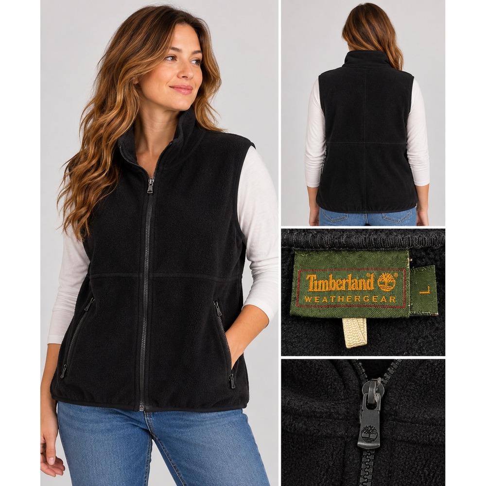 Timberland Fleece Vest Women L Black Vintage 90s Gorpcore Minimalist Full Zip